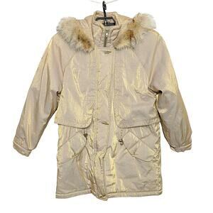J. Gallery Park Coat SZ Medium Gold Shimmer Red Fox Fur Trim Overcoat Hood